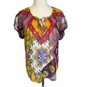 Yvos Women's Size Large Vibrant Mutlicolored Puff Sleeve Blouse Tunic Top
